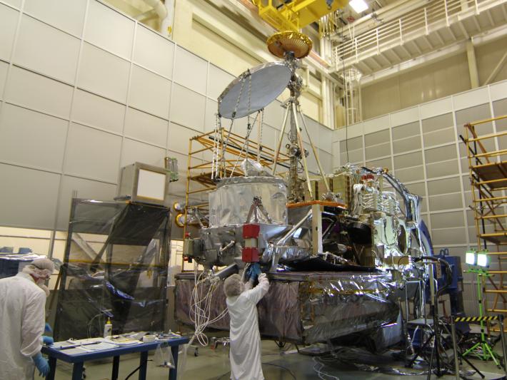 Engineers check on the GPM spacecraft after successful completion of its first comprehensive performance test at NASA Goddard Space Flight Center.